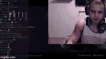 a man wearing headphones sits in front of a screen that says " until dawn "