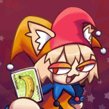 a cartoon drawing of a jester holding a joker card with a banana on it