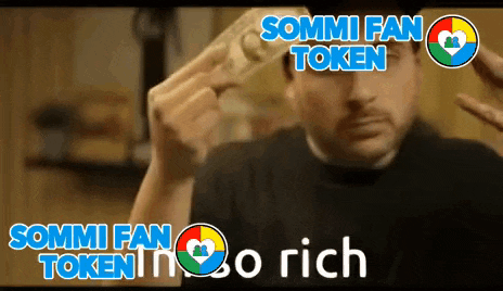 a sommi fan token ad with a man holding money