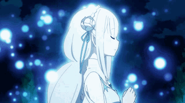 a girl with white hair and a flower in her hair is surrounded by blue lights