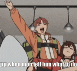 a cartoon of a man and a woman with jiji when mon tell him what to do written below them