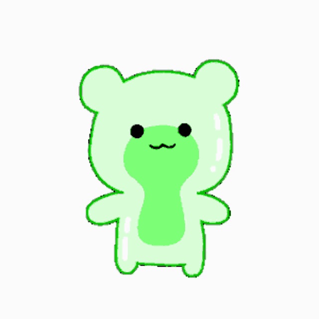 a cartoon drawing of a green teddy bear with a frog face .