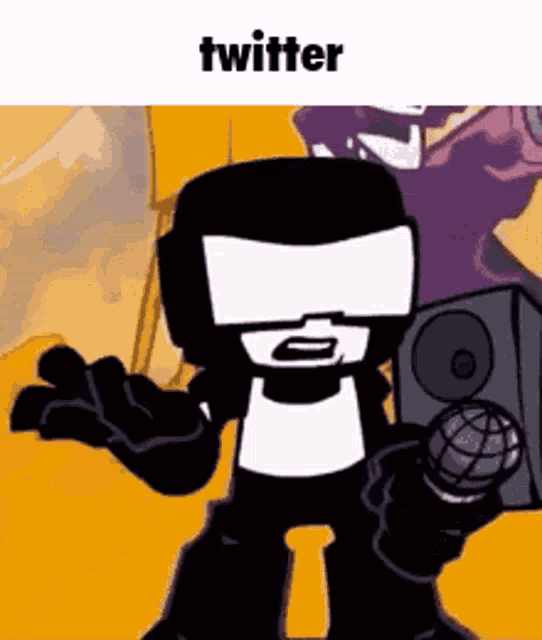 a cartoon character is holding a microphone in front of a speaker and says twitter .