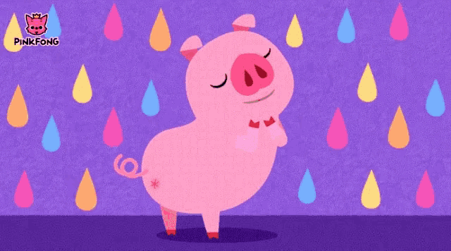 a pink pig is standing in front of a purple background with pinkfong written on the bottom