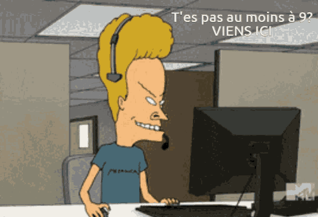 a cartoon character wearing a headset sitting in front of a computer