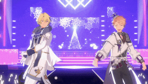 a couple of anime characters are dancing on a stage
