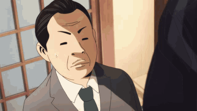 a cartoon drawing of a man in a suit and tie with a surprised look on his face