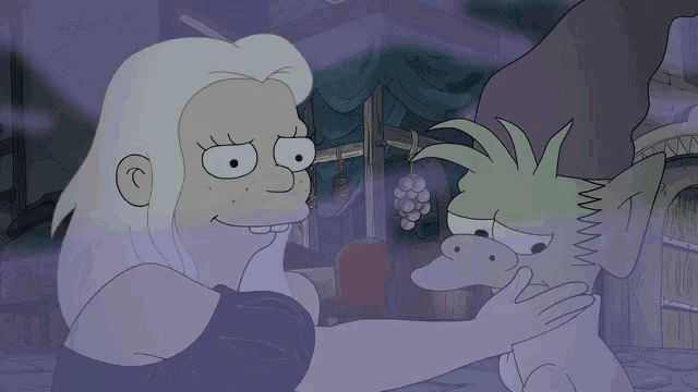a cartoon character is touching another character 's face with a purple background