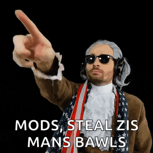 a man wearing a wig and sunglasses is pointing up with the words mods steal zis mans bawls behind him