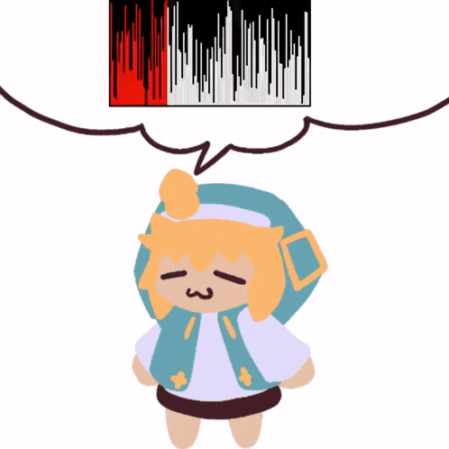 a cartoon drawing of a girl with a speech bubble above her head with a green square in the background