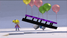 a cartoon character is standing next to a purple ladder and balloons