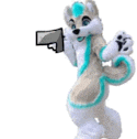 a furry wolf mascot is holding a gun in its paws .