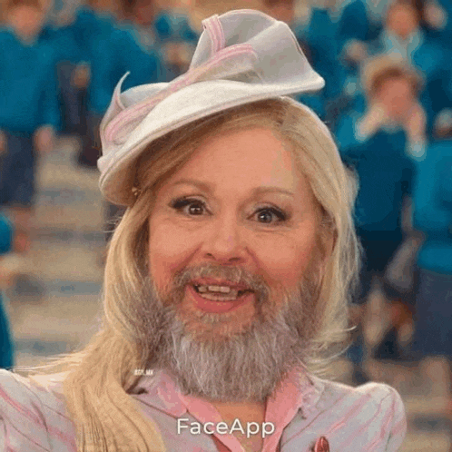 a woman with a beard and a hat is wearing a pink striped jacket and a white hat .