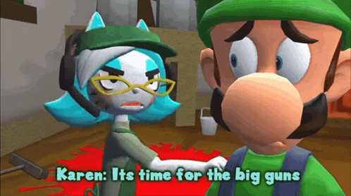 a cartoon of mario and luigi talking to karen