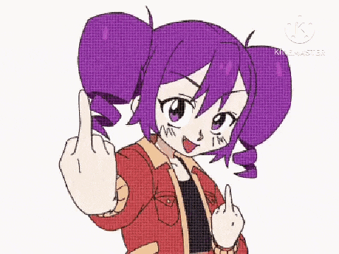 a cartoon girl with purple hair and a red jacket is giving the middle finger .
