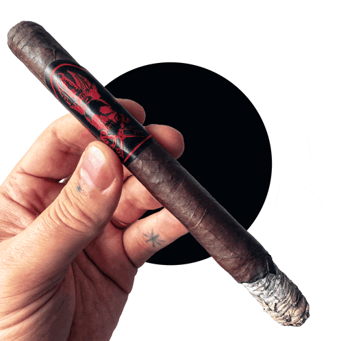 a hand holding a cigar with a black and red label that says ' devil ' on it