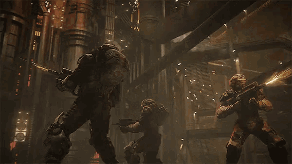 a group of soldiers are standing in a room with guns