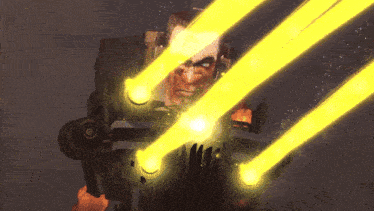 a man is holding a gun that is shooting yellow lights