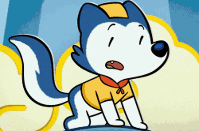 a cartoon dog wearing a yellow shirt with a red collar