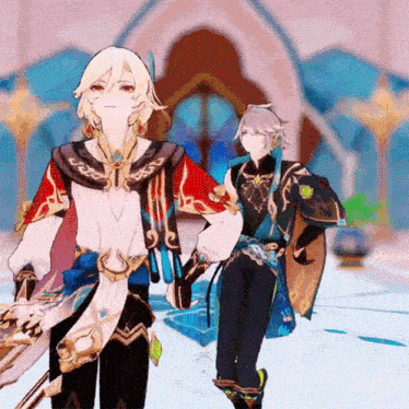 two anime characters standing next to each other holding hands