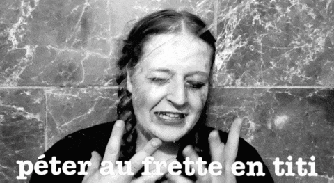 a black and white photo of a woman with the words peter au frette en titi
