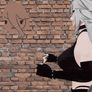 a woman is standing in front of a brick wall with a drawing of a bear on it