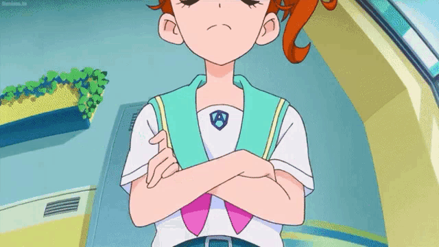 a cartoon girl with her arms crossed and a badge on her chest