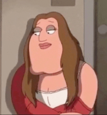 a cartoon woman with long brown hair is standing next to a door and looking at the camera .
