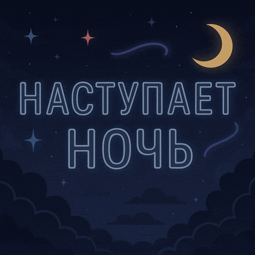 a night sky with a crescent moon and the words haступает ночь