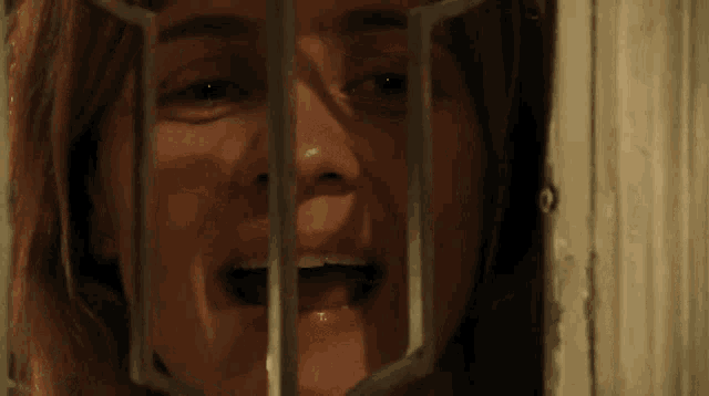 a close up of a woman 's face behind bars