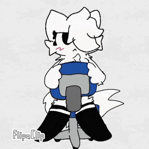 a white furry animal is sitting in an office chair wearing black stockings .