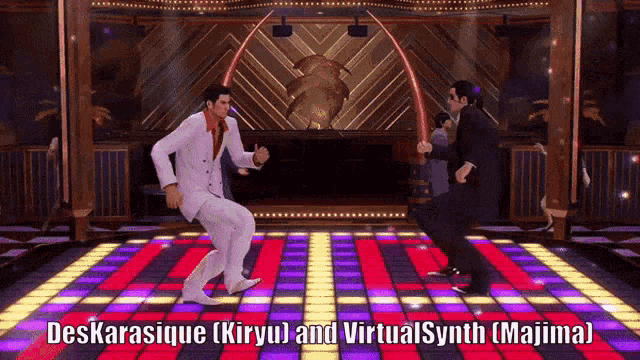 two men are dancing on a dance floor with the words deskarasique kiryu and virtualsynth majima