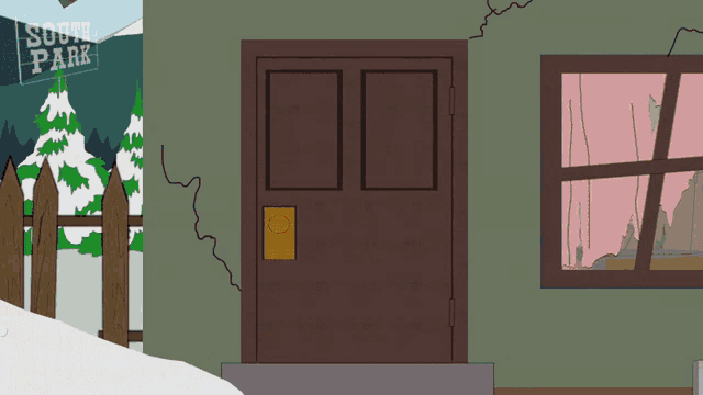 a cartoon of a man in a red hat standing in front of a south park sign