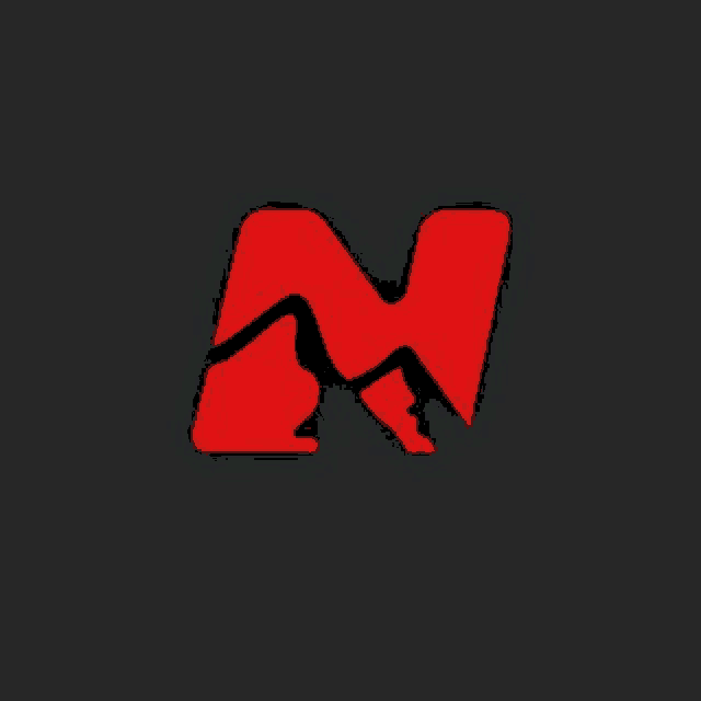 a red letter n with a mountain on it on a black background .