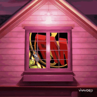 a pink house with a window that has the letter m on it
