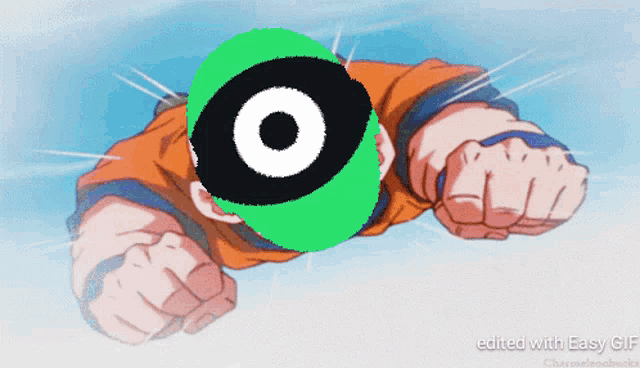 a cartoon character is flying through the air with a green eye