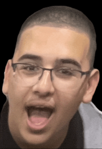 a man wearing glasses is making a funny face with his mouth open