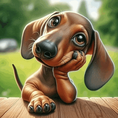 a dachshund puppy is sitting on a wooden table with its hand on its face .