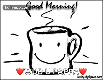 a black and white drawing of a cup of coffee with a smiley face