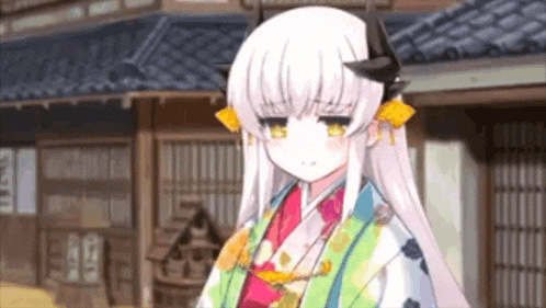 a girl with long white hair and horns is wearing a kimono and standing in front of a building .