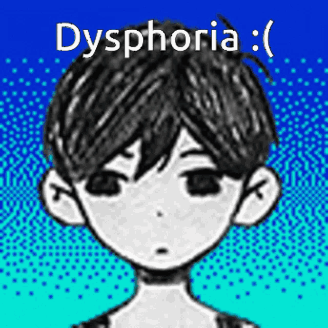 a black and white drawing of a boy with dysphoria on a blue background .