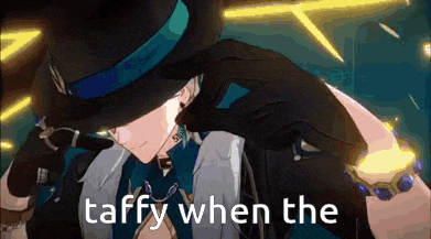 a man wearing a top hat and gloves is taffy when the lights are shining .