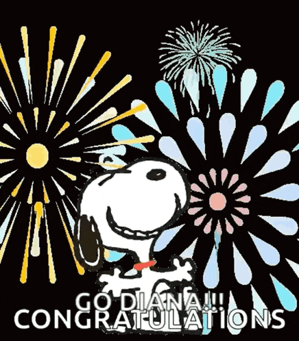 a cartoon of snoopy congratulating someone with fireworks behind him