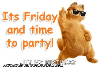 a cartoon cat wearing sunglasses says " it 's friday and time to party "