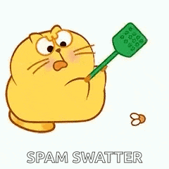 a cartoon cat is holding a green fly swatter in its paws and saying spam swatter .