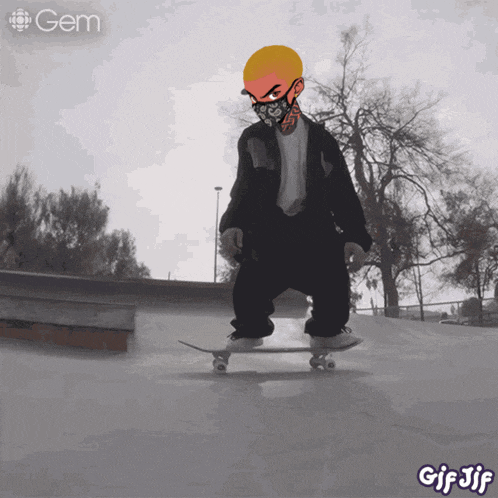 a cartoon of a person riding a skateboard with the word gem in the background