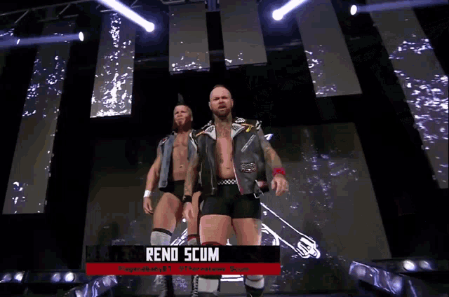 two wrestlers are standing in front of a large screen with the name rend scum on it