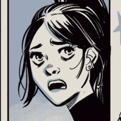a black and white drawing of a woman 's face with a surprised look on her face