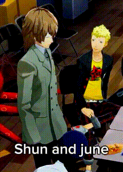 a man in a suit is standing next to a man in a yellow shirt with the words shun and june on the bottom right