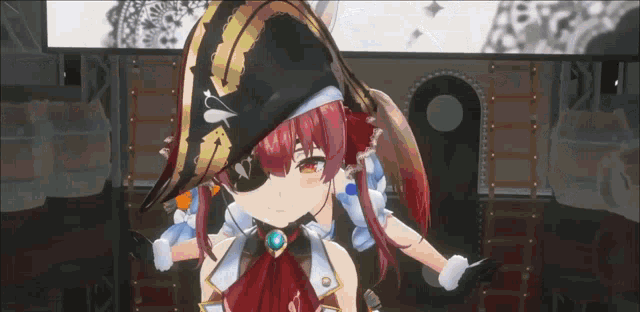 a girl with red hair is wearing a pirate hat and eyepatch